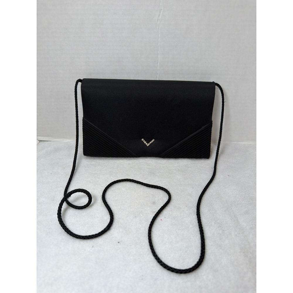 VTG 80s La Regale Ltd. Evening Clutch Womens OS Black Satin Rhinestone Pleated